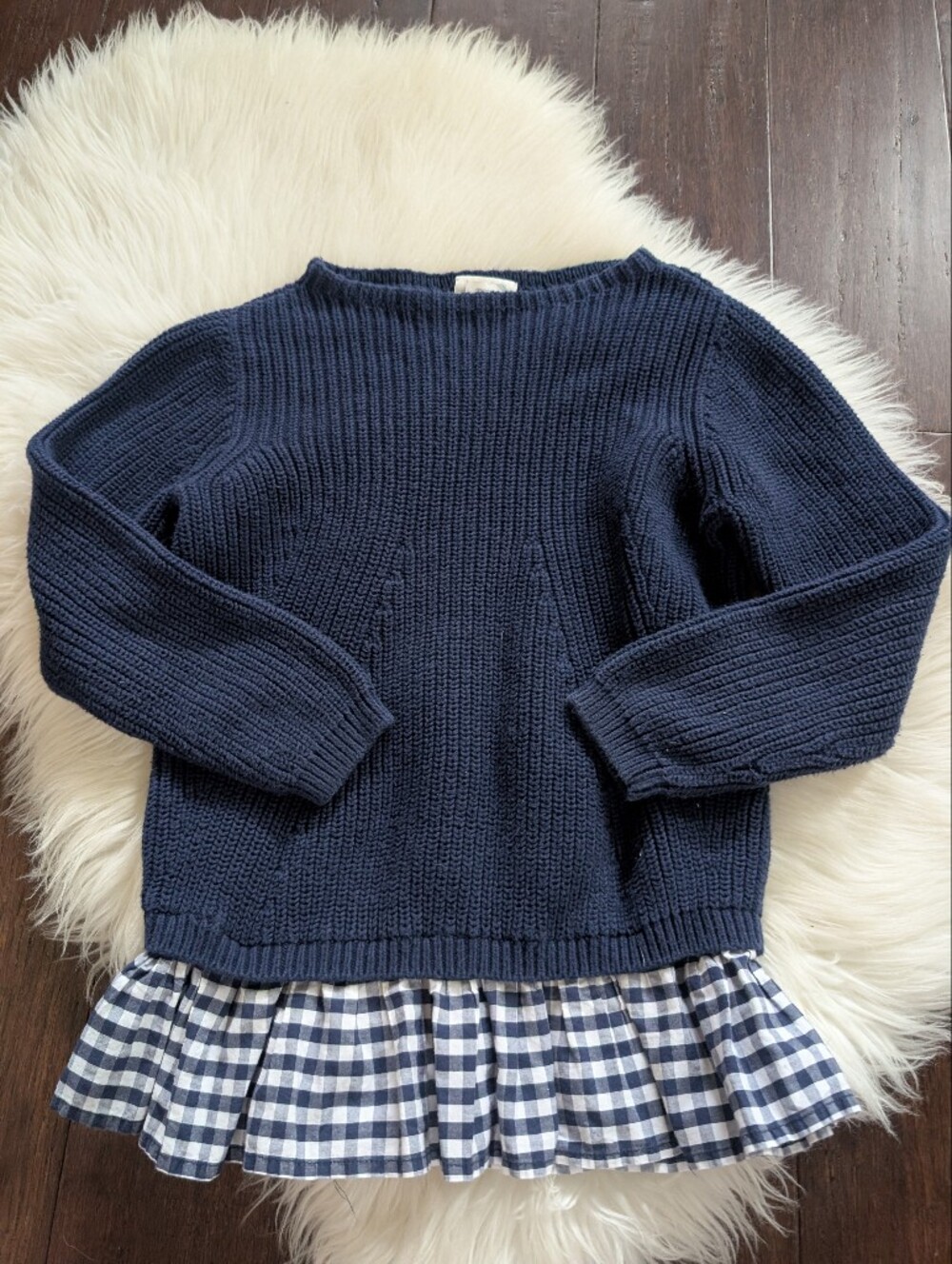 Crewcuts JCrew Navy Cotton Knit Sweater Gingham Peplum Size 12
